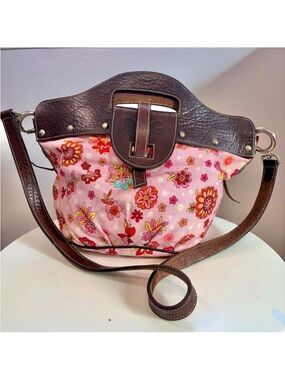 D&G Dolce & Gabbana Italy Boho Pink Floral Cotton & Brown Leather Satchel Bag